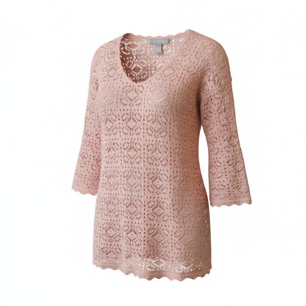 Modern Soul Womens Crochet Knit V-Neck Tunic Cotton Blend Boho Pink Large L